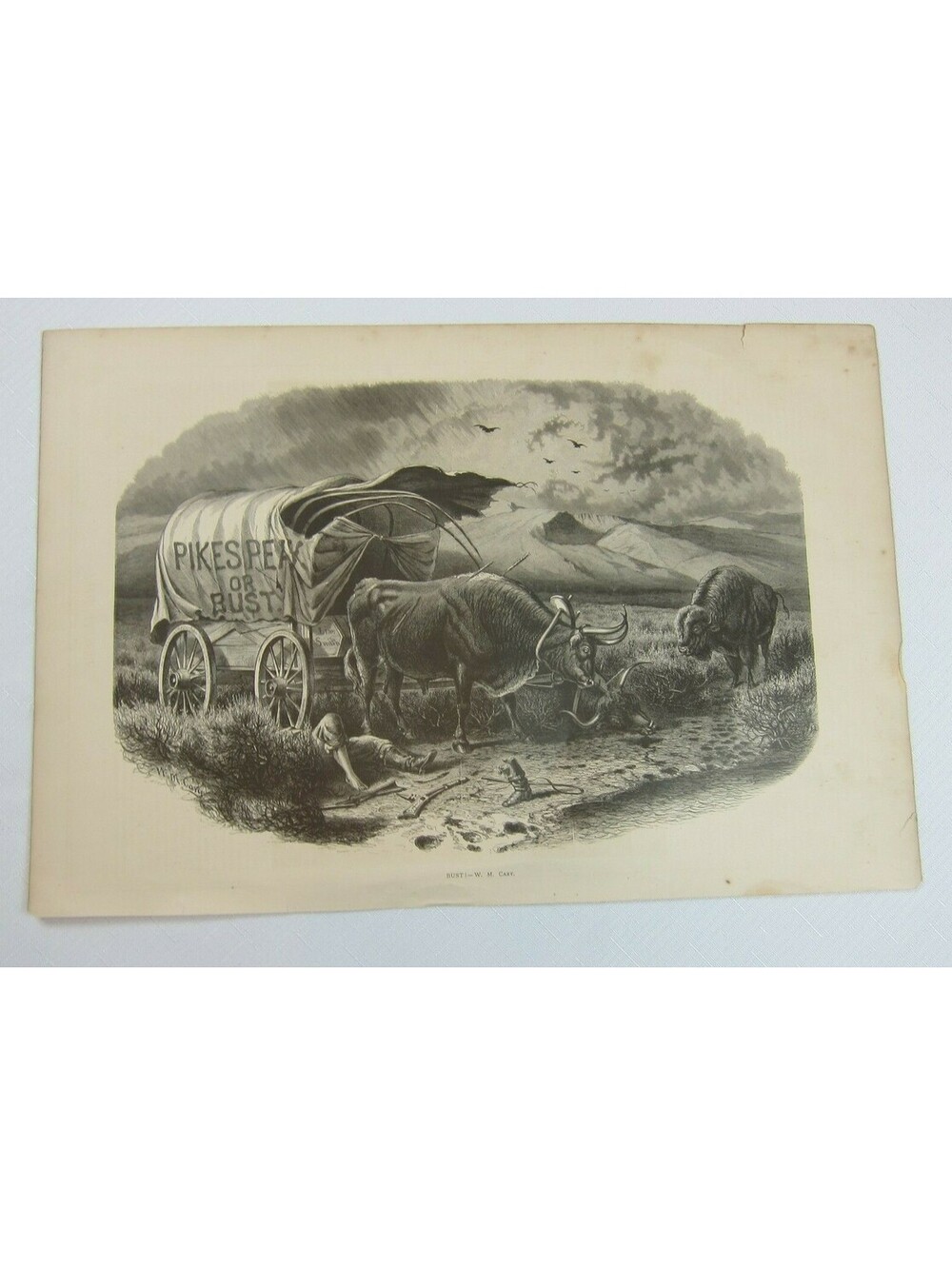 Antique 1873 Engraving Print Pikes Peak or BUST! W.M. Cary Wagon Indian Attack